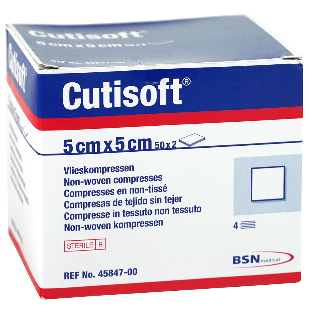 Cutisoft gaaskompres, 5cm x 5cm, 4 laags, steriel, per 50 x stuks – Artikelen SMA b.v.