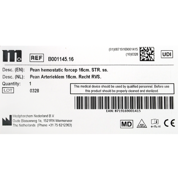 Pean arterieklem 16cm recht