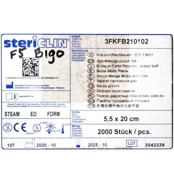 Stericlin sterilisatiezakjes 5.5cm x 20cm zonder vouwrand